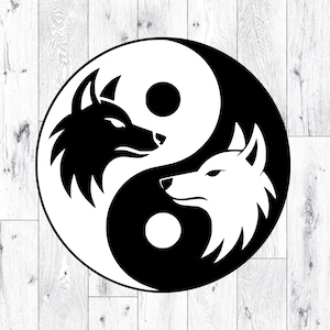 May include: A black and white Yin and Yang symbol with two wolf heads. One wolf is black, the other white, arranged within the circular design. The image is set against a light wood grain background.
