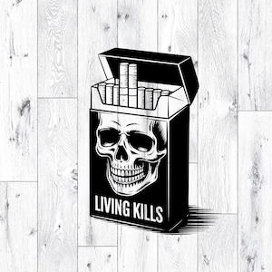 May include: A black and white image of a cigarette packet featuring a skull design. The pack is open, showing cigarettes. The words "LIVING KILLS" are printed on the front of the packet.