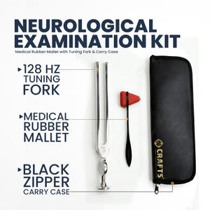 May include: A neurological examination kit including a tuning fork, medical rubber mallet, and a black zipper carry case. The kit includes a 128 Hz tuning fork and a red and black medical rubber mallet.