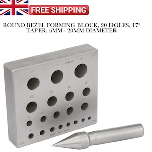 May include: A silver round bezel forming block with 20 holes, ranging from 5mm to 20mm in diameter, and a 17-degree taper. A matching silver forming tool is positioned next to the block. The text "MADE IN ITALY" is visible.