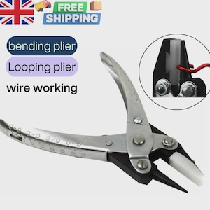 May include: A silver and black looping plier tool for wire working. The tool has a curved handle and a pointed tip. The image also includes the text "bending plier", "Looping plier", and "wire working".