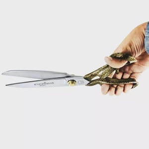 May include: Silver scissors with gold-coloured handles are held open. The scissors have the text "excellent shears" printed on the blade. The handles have a textured, ornate design.