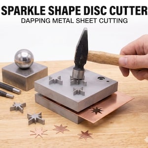 May include: A metalworking setup with the text "SPARKLE SHAPE DISC CUTTER" and "DAPPING METAL SHEET CUTTING". A hammer strikes a metal block, cutting star shapes from a copper sheet. Includes a metal sphere, punches, and cut star shapes.