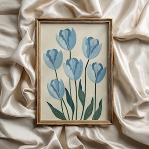 Light Blue Tulip Print, Preppy Floral Wall Art, Grandmillennial Decor, Modern Southern Botanical Painting | Digital Download