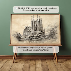 Barcelona Vintage Sketch, Sagrada Familia Print, Gaudi Architecture Art, Spain Wall Decor, Digital Download