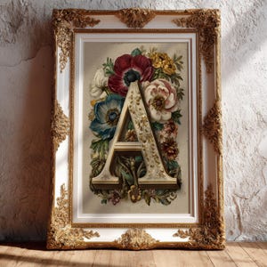 Impresión personalizada de monograma floral victoriano: arte botánico vintage con alfabeto