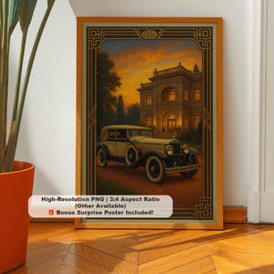 Great Gatsby Wall Art, Vintage Car and Mansion Print, Art Deco Roaring Twenties Decor, F Scott Fitzgerald Poster