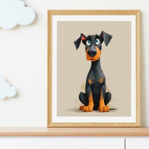 Doberman Wall Art Funny Cartoon Dog Poster Cute Puppy Print for Kids Room Digital Animal Nursery Decor Playful Dog Illustration