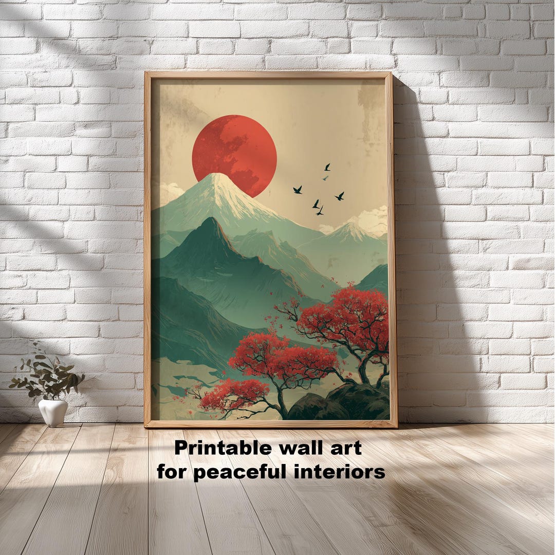 Japanese Landscape Wall Art Red Sun Poster Mountain Printable Sakura ...