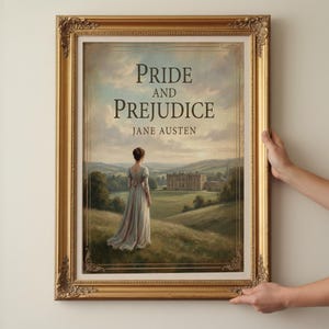 Puede incluir: Una impresión enmarcada de "Orgullo y Prejuicio" de Jane Austen. La obra muestra a una mujer con un vestido largo contemplando una mansión. El marco es dorado, rectangular, con el título en la parte superior.