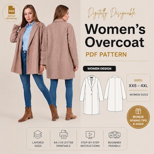 Puede incluir: Un patrón PDF digital para un abrigo de mujer. La imagen muestra a una mujer con un abrigo marrón claro, con un diagrama del diseño del abrigo. El patrón incluye tallas superpuestas de XXS a 4XL, instrucciones para principiantes y consejos de costura.