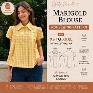 May include: A yellow and white gingham blouse with a collar, short sleeves, and a double-breasted button front. The image includes text: Marigold Blouse PDF Sewing Pattern, sizes XS to XXXL, A4/US Letter/A0 formats, layered sizes, and sewing instructions.