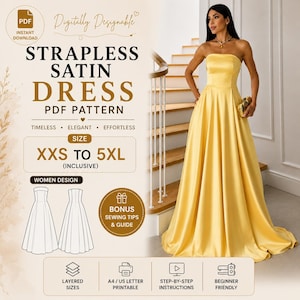 Naaipatroon voor een strapless satijnen maxi-jurk | Patroon voor een strapless jurk | Elegante avondjurk (PDF-download)