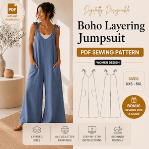 Peut inclure: Une combinaison bleue avec des bretelles à nouer et des poches latérales, présentée comme patron de couture PDF. Le texte inclut 'Digitally Designable', 'Boho Layering Jumpsuit', 'PDF SEWING PATTERN', 'WOMEN DESIGN', 'SIZES: XXS - 5XL' et 'BONUS SEWING TIPS & GUIDE'.