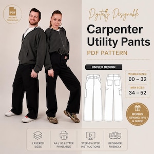 May include: Image of a digitally designable Carpenter Utility Pants PDF pattern. The image shows a man and woman wearing black pants and a dark gray zip-up hoodie. The pattern is unisex and includes sizes 00-52. The image also includes the text "Instant Download".