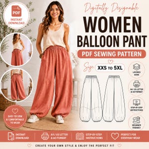 May include: A digital PDF sewing pattern for balloon trousers, featuring a beige vest top and terracotta-coloured wide-leg trousers with gathered cuffs. The graphic includes text, size range XXS to 5XL, and technical line drawings of the trousers.