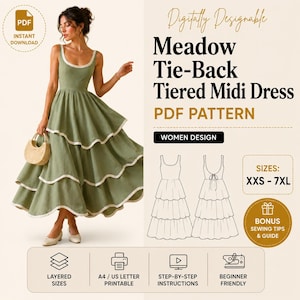 Meadow Tie-Back Tiered Midi Dress PDF Sewing Pattern, Scalloped Hem Sundress, Scoop Neck Cottagecore Dress, XXS to 7XL Plus Size