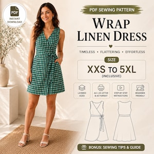 Puede incluir: Un patrón de costura en PDF para un vestido cruzado sin mangas de lino con un patrón de cuadros vichy verde y blanco. El texto incluye "PDF SEWING PATTERN", "WRAP LINEN DRESS", "SIZE XXS TO 5XL (INCLUSIVE)" y "BONUS: SEWING TIPS & GUIDE".