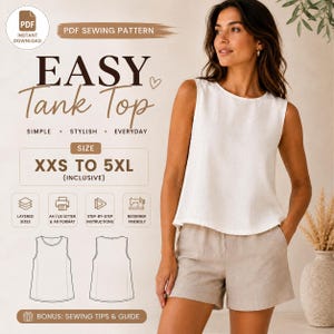 Eenvoudig naaipatroon voor een tanktop: linnen zomerblouse PDF | Stapsgewijze handleiding voor beginners - Maten XXS-5XL