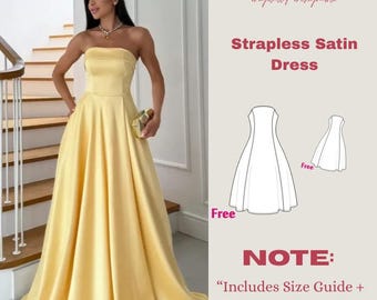 Strapless Satin Maxi Dress Sewing Pattern | Elegant Evening Gown (PDF Download)
