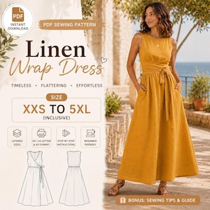 Peut inclure: Un patron de couture PDF numérique pour une robe portefeuille en lin jaune moutarde sans manches avec une taille nouée et une jupe ample. Le graphique inclut le texte Linen Wrap Dress, tailles XXS à 5XL, et des icônes pour les formats A4/A0.