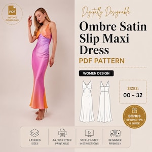 Ombre Satin Slip Maxi Dress DIY Sewing Pattern - Bias-Cut Spaghetti Strap Evening Gown Instant PDF Download