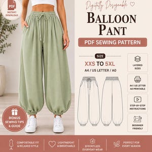Peut inclure: Un patron de couture PDF numérique pour pantalon ballon, présentant un pantalon vert sauge avec une taille élastique, un cordon de serrage et des chevilles resserrées. Le graphique inclut des dessins techniques et les tailles XXS à 5XL.