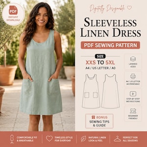May include: A digital PDF sewing pattern for a sleeveless linen dress in sizes XXS to 5XL. The document includes instructions for A4, US Letter, and A0 printing, featuring a line drawing of the dress with two front pockets and a bonus guide.