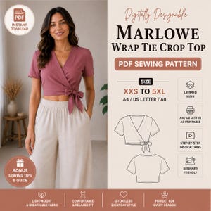 May include: A digital sewing pattern for the Marlowe wrap tie crop top, featuring a mauve short-sleeved wrap top with a side tie, paired with beige wide-leg trousers. The graphic includes technical line drawings, size range XXS to 5XL, and icons.
