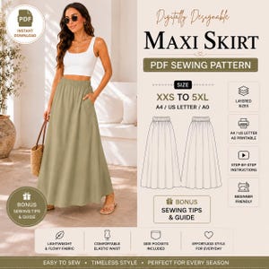 May include: A digital PDF sewing pattern for a maxi skirt, featuring sizes XXS to 5XL. The design includes an elastic waist, side pockets, and a flowy silhouette. The pattern is compatible with A4, US Letter, and A0 paper formats for printing.