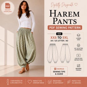 May include: A digital PDF sewing pattern for harem pants, featuring a green and white checkered design. The document includes sizing from XXS to 5XL, compatible with A4, US Letter, and A0 paper formats, along with step-by-step instructions.