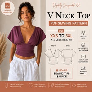 May include: A digital PDF sewing pattern for a V-neck top with short sleeves and a gathered waist. The image displays the finished garment in dark purple, technical line drawings of the front and back, and text including V Neck Top, XXS to 5XL.