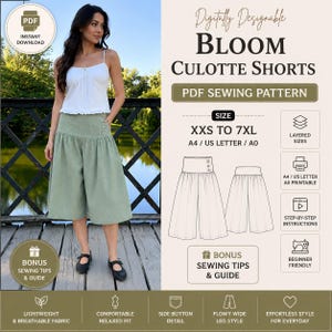 Willow Creek Wide Leg Culottes Pattern PDF, Women's Low Waist Cropped Pants, Relaxed Summer Linen Style,  Button Closure, XXS-7XL