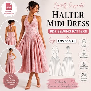 May include: A pink midi dress with a halter neckline and a floral pattern. The digital sewing pattern includes text for sizes XXS to 5XL, layered sizes, A4, US letter, and A0 formats, step-by-step instructions, and is labelled as a PDF instant download.