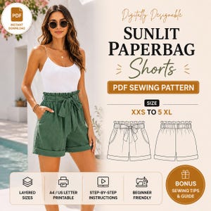 Sunlit Paperbag Shorts Sewing Pattern PDF, High Waist Belted Shorts with Pockets, Women's Beginner Shorts (Instant Download) XXS-5XL