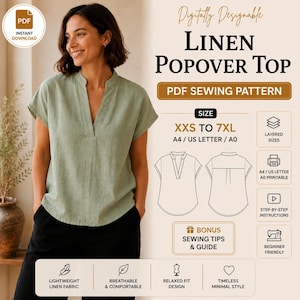 May include: A digital PDF sewing pattern for a sage green linen popover top with a V-neckline and short sleeves. The graphic includes text labels for sizes XXS to 7XL, printing formats A4, US Letter, and A0, plus icons for layered sizes and instructions.