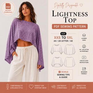 May include: A digital PDF sewing pattern for a Lightness Top, featuring a purple textured crop top with wide sleeves and cream-colored drawstring pants. The graphic includes technical line drawings, size range XXS to 5XL, and printing formats.