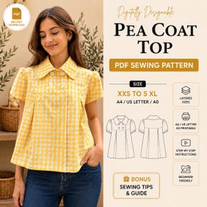 Pea Coat Top Sewing Pattern, Marigold Blouse PDF, Puff Sleeve & Collar Women Sewing Pattern, Button-Front Top (Digital PDF)