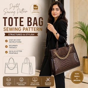 Puede incluir: Un patrón de costura digital para un bolso tote estructurado. El gráfico incluye texto como Digital Sewing Pattern, Tote Bag y Structured & Stylish. Muestra un bolso marrón con textura de cocodrilo y una cadena dorada.