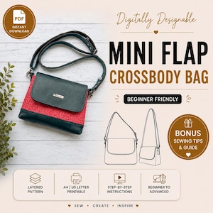 May include: A digital sewing pattern for a mini flap crossbody bag featuring a dark green and red lace exterior. The document includes text such as Digitally Designable, Mini Flap Crossbody Bag, Beginner Friendly, and Bonus Sewing Tips & Guide.