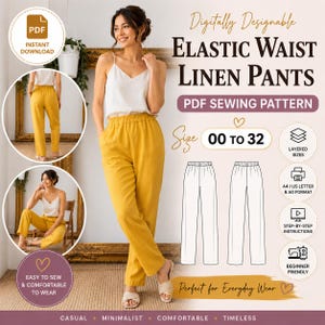 May include: A digital PDF sewing pattern for elastic waist linen pants, featuring text 'Digitally Designable Elastic Waist Linen Pants', 'Size 00 TO 32', and 'PDF SEWING PATTERN'. Includes line drawings of pants and icons for layered sizes and formats.