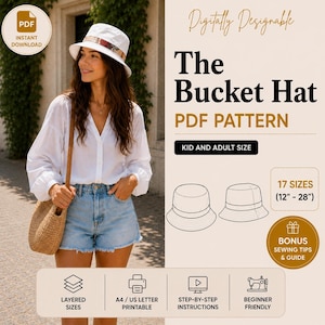 Reversible Bucket Hat Sewing Pattern – Beginner DIY Summer Hat (Digital Download) | 17 Sizes (12" - 28")