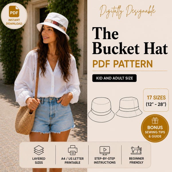 Reversible Bucket Hat Sewing Pattern – Beginner DIY Summer Hat (Digital Download) | 17 Sizes (12" - 28")