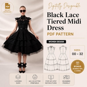 May include: A black lace tiered midi dress PDF pattern. The image shows a woman wearing the dress, which features a high neckline, a fitted bodice, and a tiered skirt. The pattern includes layered sizes 00-32, beginner-friendly instructions, and bonus sewing tips.