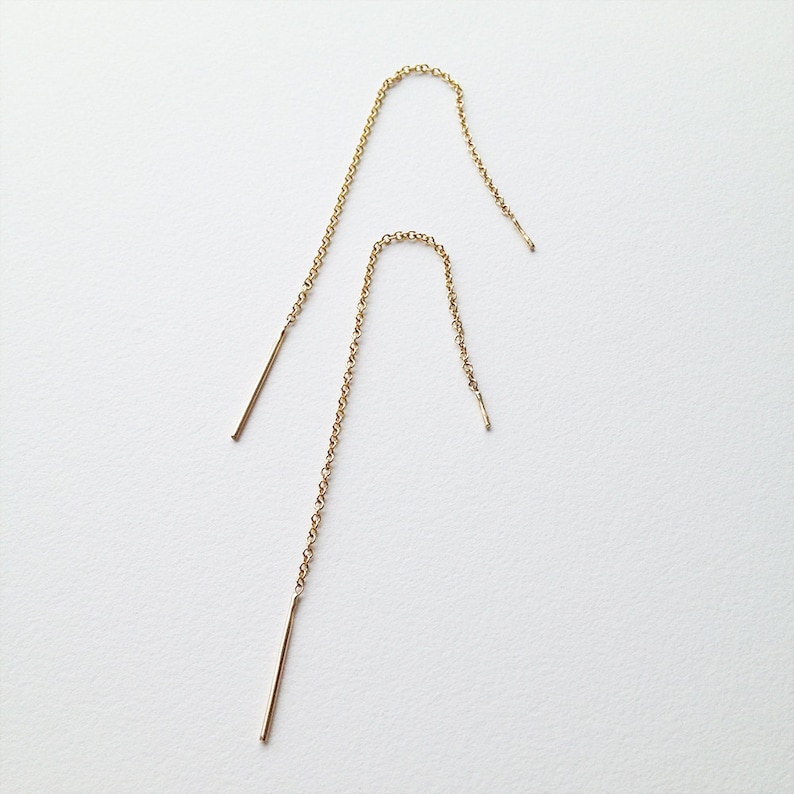 Solid gold threader earrings. 14k yellow gold. delicate bar Etsy