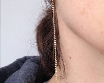 extra long gold threader earrings. solid 14k yellow gold. delicate bar and chain. tiny ball post • • dany long threads