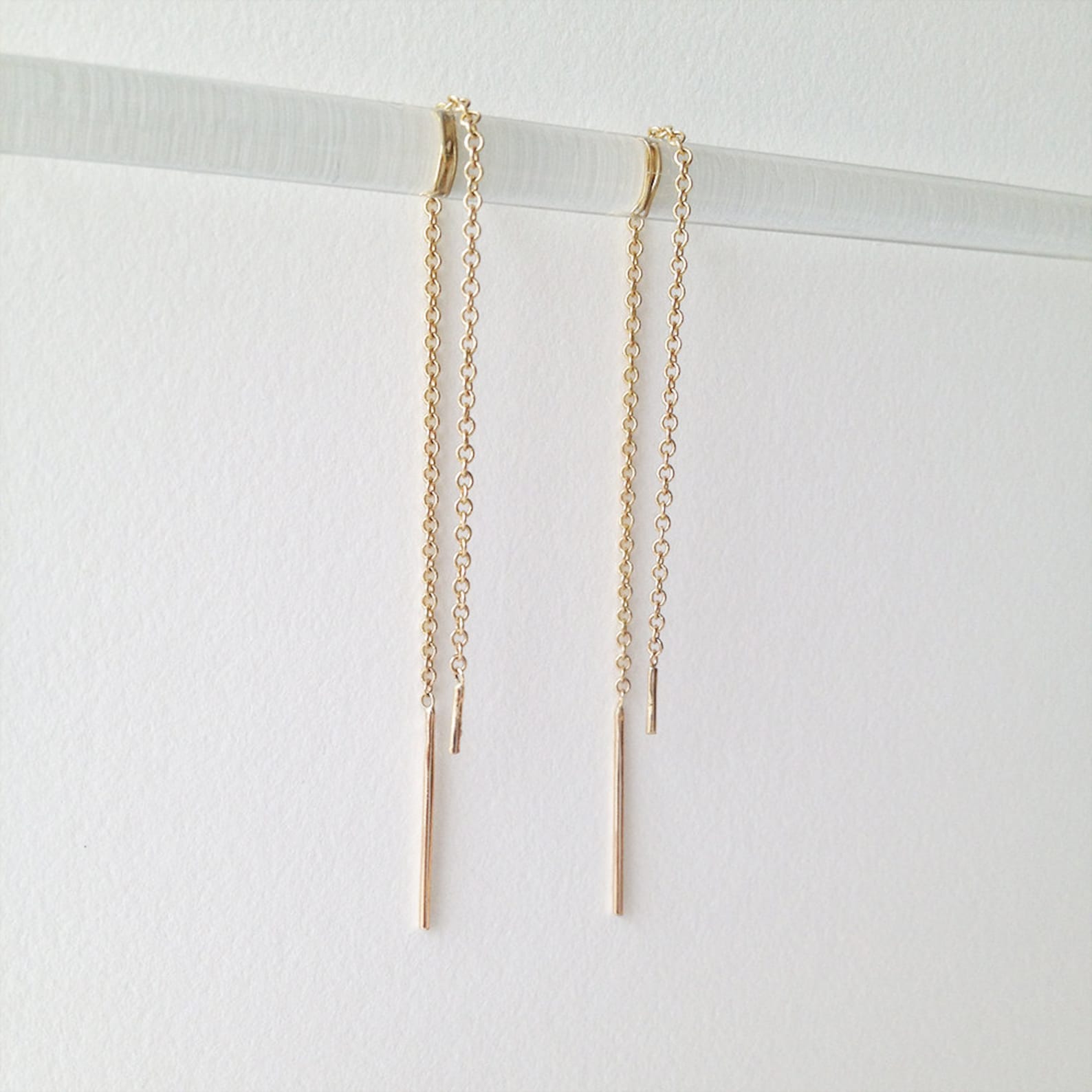 Solid gold threader earrings. 14k yellow gold. delicate bar Etsy