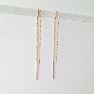 solid gold threader earrings. 14k yellow gold. delicate bar and chain. very dainty • • dany ear threads