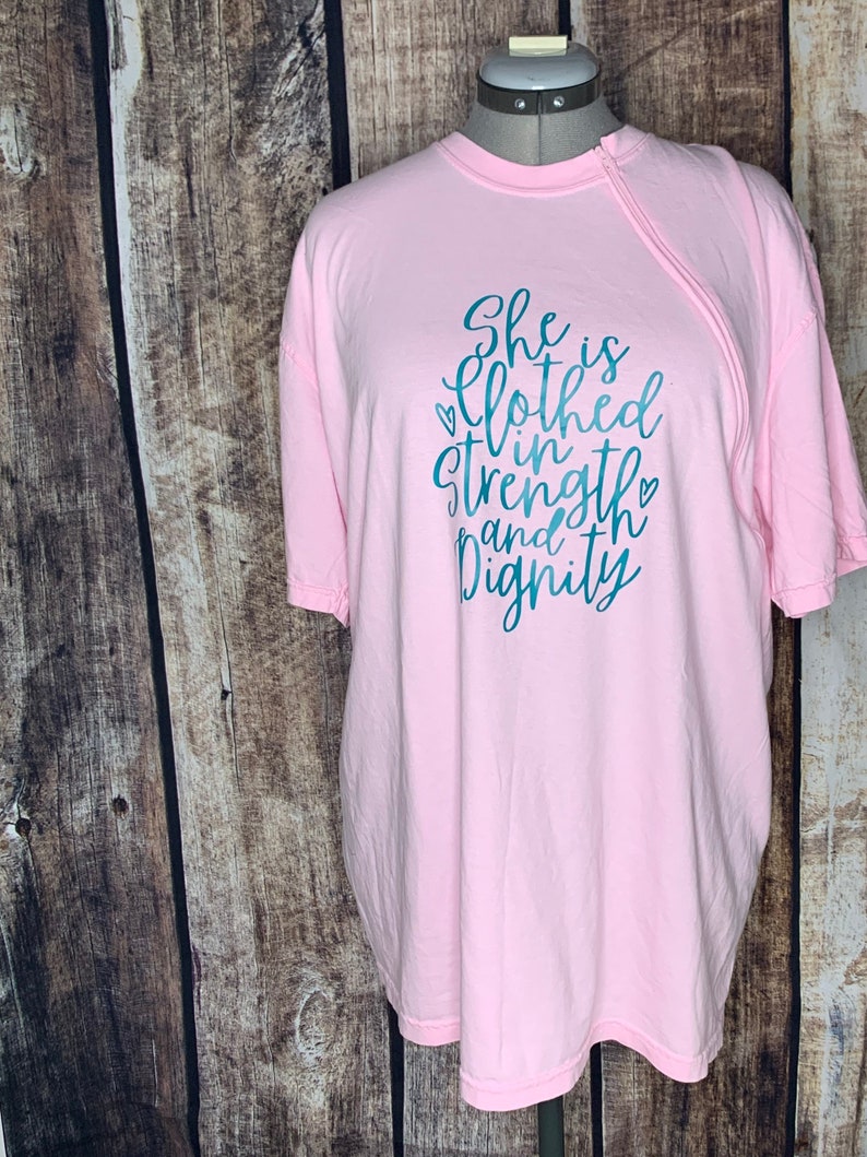 Blossom Pink Zipper Chemo Port She is Clothed in Strength and Dignity Short or Long sleeve image 1