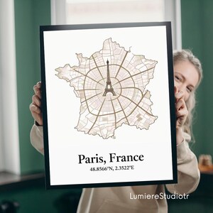 Handgetekende kaart van Parijs - vintage stijl stadskaart Parijs, kunst aan de muur Parijs, poster Frankrijk, schets van Parijs, Europese reisafdruk